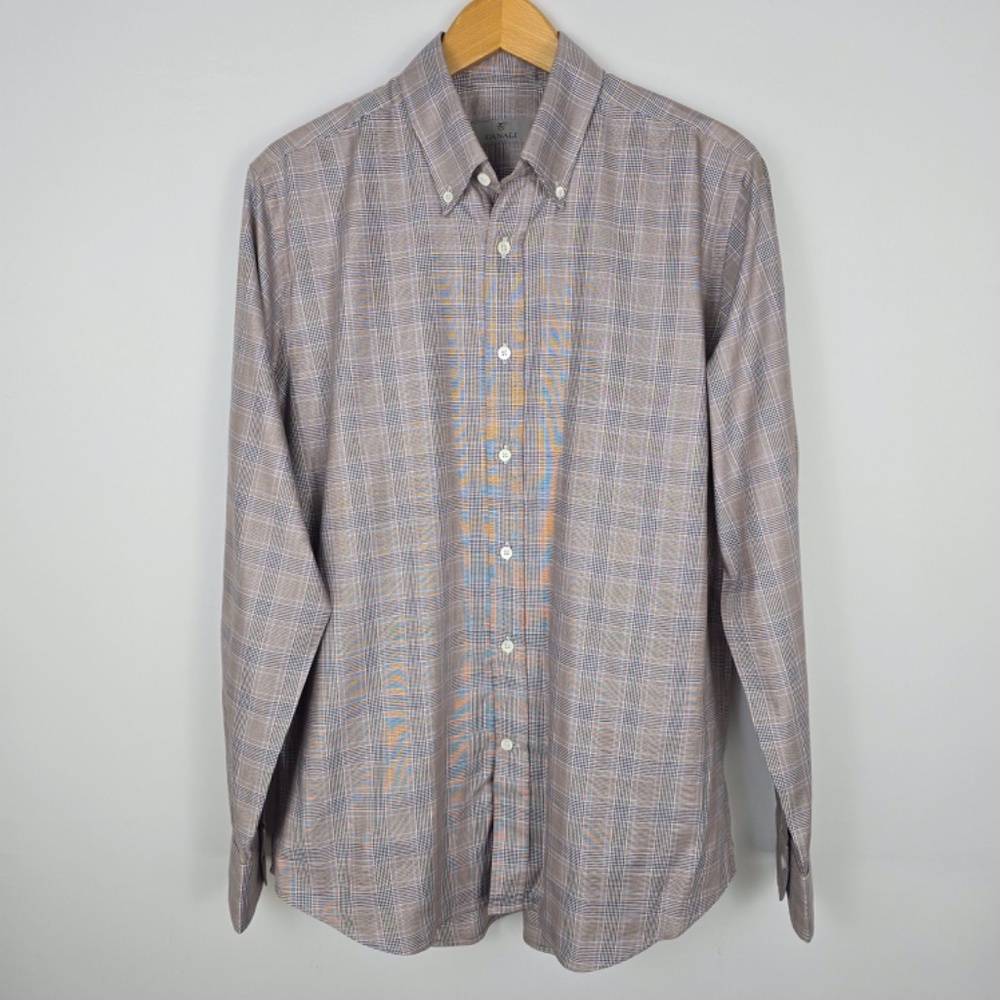 Canali 1934 Men's Luxury Glen Plaid Shirt Large Cotton Lyocell Blend Italy